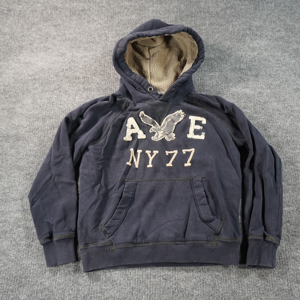 American Eagle Hoodie Mens Small Navy Blue Sherpa Lined Athletic Fit NY 77 Logo